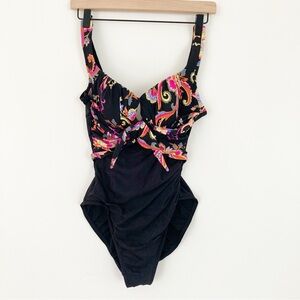 Miraclesuit Black One-Piece with Multicolor Paisley Trim